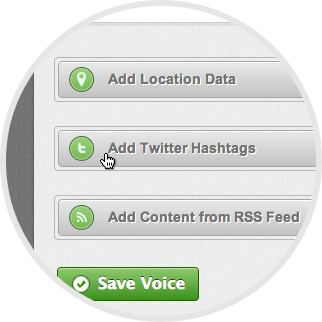 Crowdvoice - Fill out the advanced data-curation fields, including with relevant <strong>Twitter hashtags</strong> and <strong>RSS</strong> feeds from which content will be pulled. image